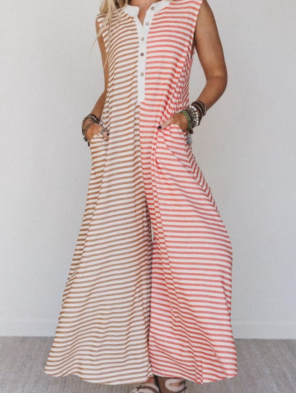 NWOT BUCKETLIST Three Bird Nest Daphne Striped Two-Tone Knit Jumpsuit Medium - Picture 2 of 7